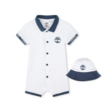 Load image into Gallery viewer, NEW Timberland White Romper with Blue Trim and Hat Set T60187
