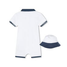 Load image into Gallery viewer, NEW Timberland White Romper with Blue Trim and Hat Set T60187
