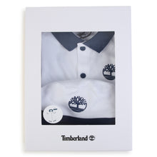 Load image into Gallery viewer, NEW Timberland White Romper with Blue Trim and Hat Set T60187
